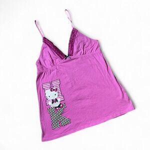 Y2K Hello Kitty Pink Babydoll Cami Top Pajama Sleep Shirt Lace Trim Size Medium